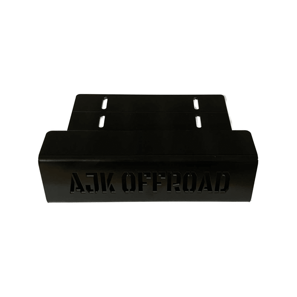 A black CNC laser cut metal bracket from AJK Offroad, featuring AJK OFFROAD on the front, is designed to complement a Honda Talon Foot Rest. It includes two top-side slotted holes for mounting.