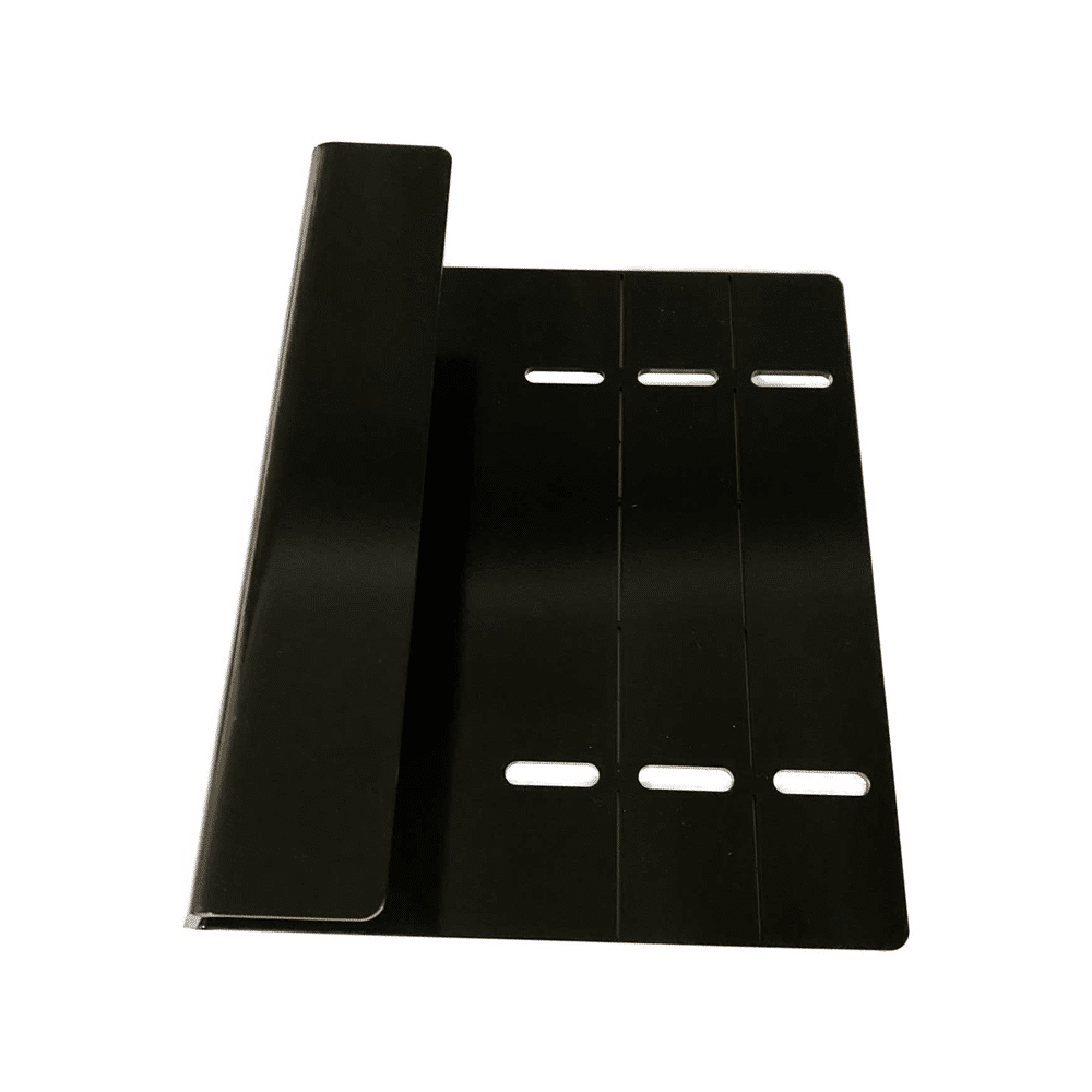 The Honda Talon Foot Rest from AJK Offroad is a sleek black metal piece with CNC laser-cut slots, designed for secure fastening and efficient organization with its vertical and horizontal elements.