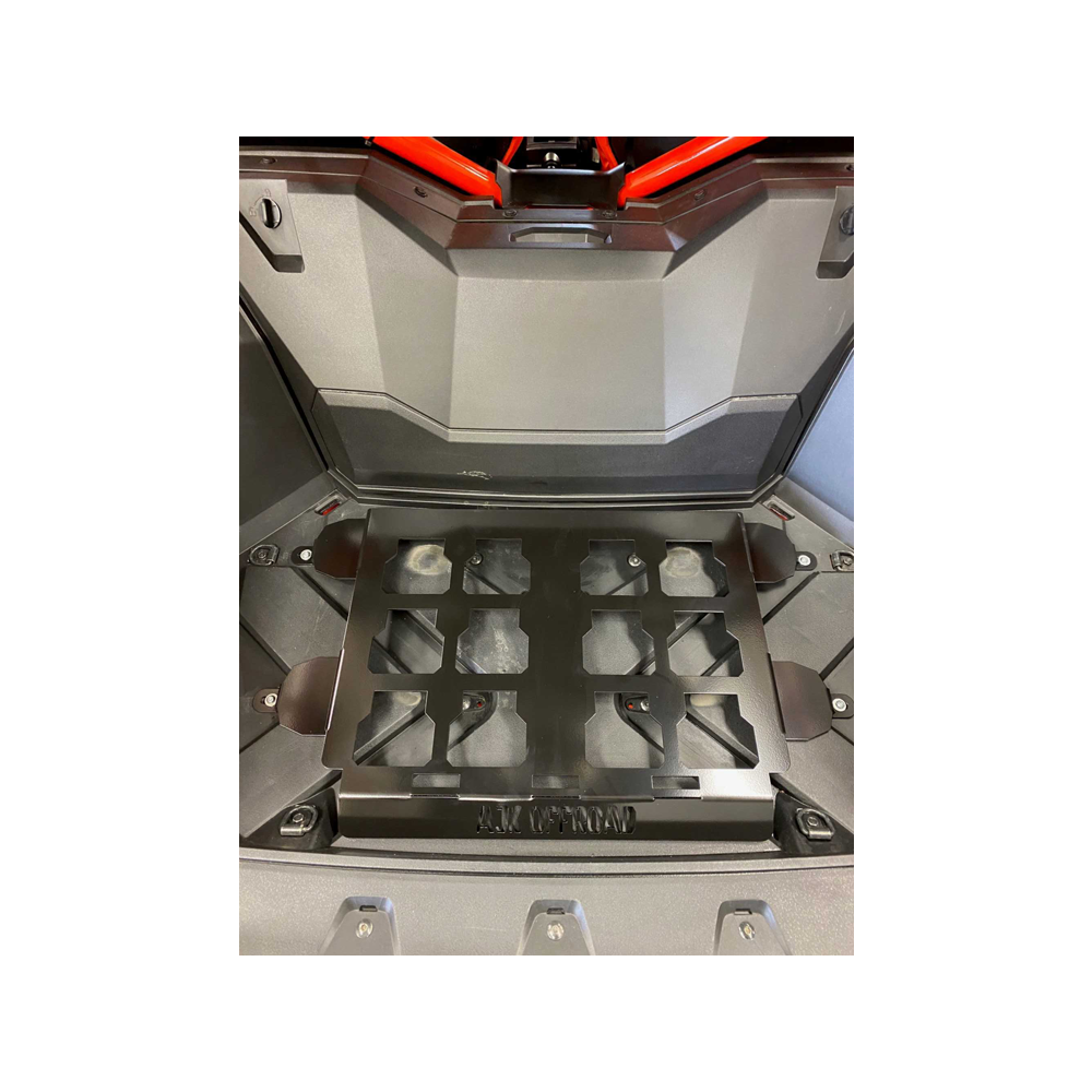 The open trunk showcases a black, grid-like storage organizer with various compartments, perfect for adventures. The sleek gray interior features striking red accents, embodying the style of an AJK Offroad Honda Talon Milwaukee Packout mount.