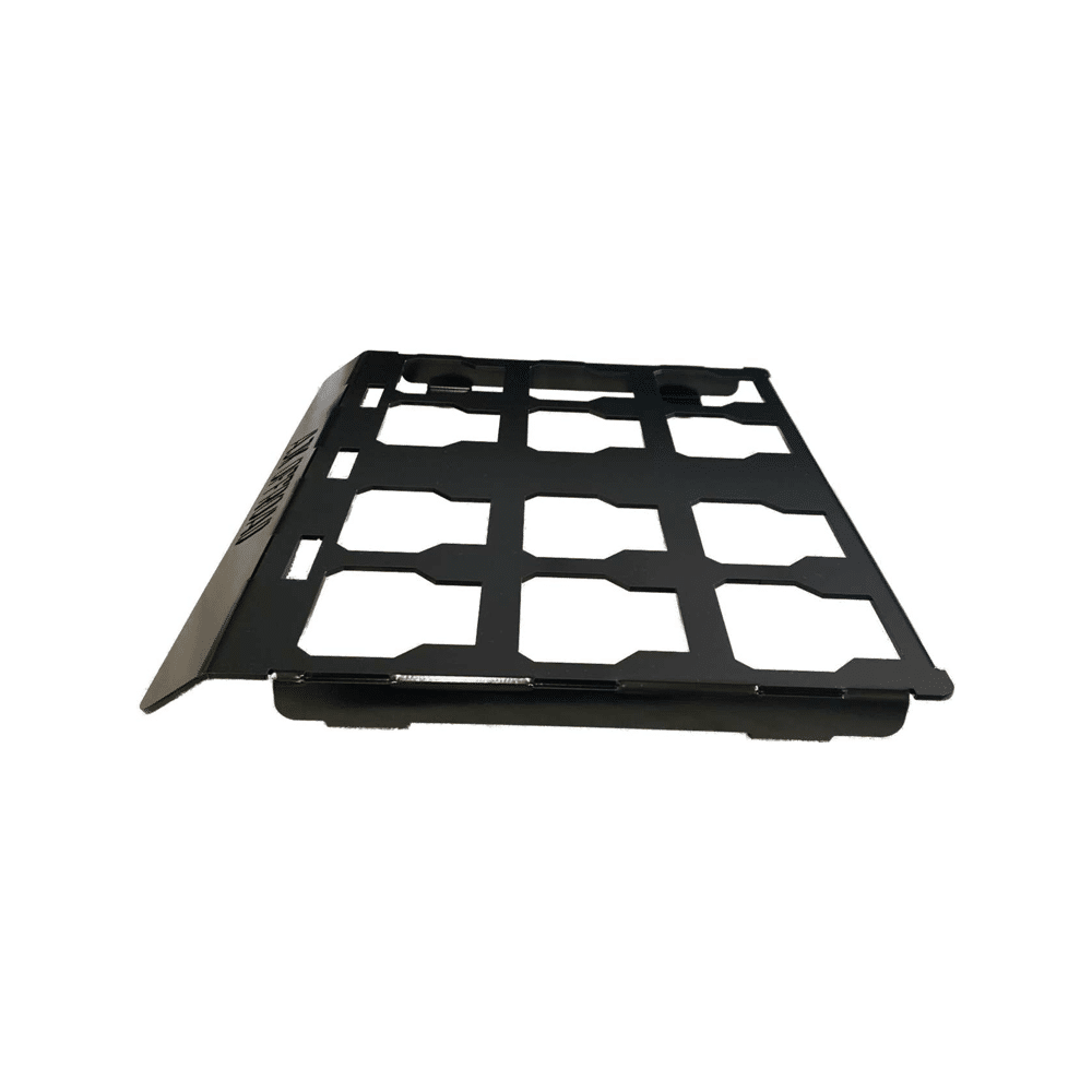 The Universal Milwaukee Packout Mount 1.0 by AJK Offroad is a precision CNC laser-cut, black metal tray with rectangular cutouts and a solid edge, designed to efficiently organize items. Its perfectly compatible as a Milwaukee Packout Mount and viewed from an angle has a grid-like appearance.